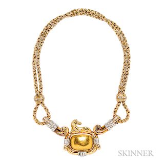 18kt Gold and Diamond Necklace, Chaumet, Paris, with horse motif, platinum and baguette- and full-cut diamond accents, 106.6 dwt, lg. 1