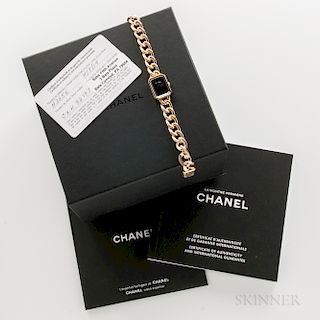 Chanel 18kt Gold "Premiere" H3256 Wristwatch with Box and Certificate Card, c. 2014, glossy black dial with beveled glass crystal, Chan