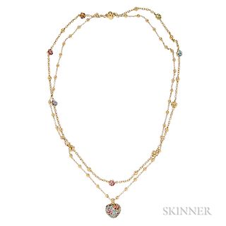18kt Gold Gem-set Necklace and Pendant, Pasquale Bruni, Gioielmoda, Italy, with removable gem-set heart, the chain with gem-set florets
