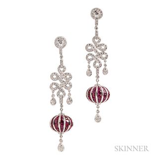 18kt Gold, Ruby, and Diamond Earrings, bead-set with full-cut diamond melee, suspending drops channel-set with circular-cut rubies, lg.