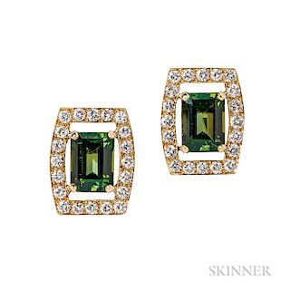 18kt Gold, Green Tourmaline, and Diamond Earclips, David Webb, each set with a green tourmaline, framed by full-cut diamonds, 10.5 dwt,