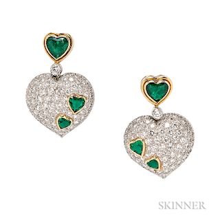 Platinum, Emerald, and Diamond Earrings, Harry Winston, designed as pave-set diamond hearts, with heart-shape emeralds set in 18kt gold