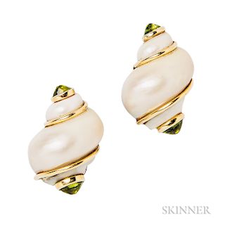 18kt Gold, Turbo Shell, and Peridot Earclips, Seaman Schepps, lg. 1 1/4 in., signed.