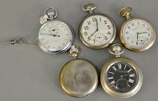 Group of five pocket watches and stopwatches, one case marked Property of Corps of Engineers USA #5476.