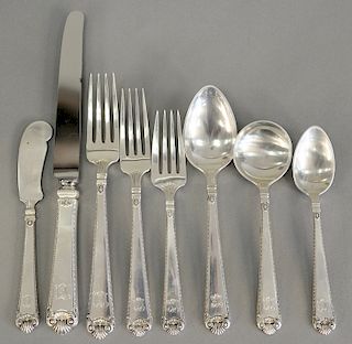 Sterling silver flatware set, monogrammed, setting for six to include 6 tablespoons, 6 dinner forks, 6 luncheon forks, 6 soup spoons...