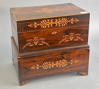 Rosewood inlaid two tier box having lift top over one drawer. ht. 15 1/2 in., wd. 17 in. 
Provenance: Estate from Park Avenue, Manha...