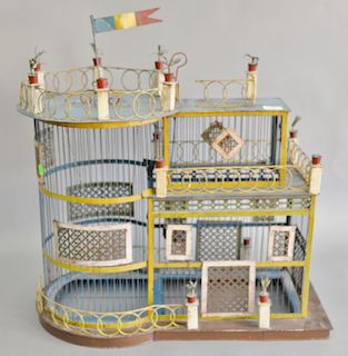 Unusual bird cage, tole paint decorated. ht. 26 in., wd. 26 in., dp. 14 in.