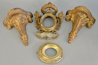 Four piece group to include early Rococo frame, pair of Italian shelves (ht. 9 1/4 in.), and a small gilt frame.