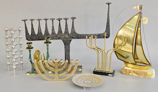 Seven piece lot to include Nir Chen Sabra Israel double candlestick, three footed mixed metal dish, iron menorah sculpture, Hadany S...