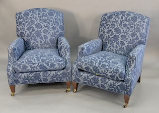 Pair of custom upholstered easy chairs with down cushions. ht. 39 in., wd. 31 in.