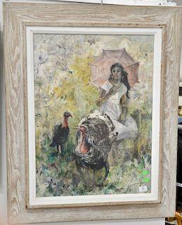 Eileen Monaghan Whitaker (1911-2005), watercolor, girl holding parasol with two turkey, signed lower left Eileen Monaghan, sight siz...