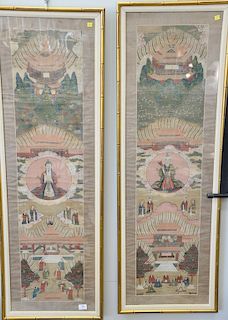 Pair of early Chinese scrolls, each having center circle painted with scholar over figures in a courtyard, image size 49" x 11 3/4"