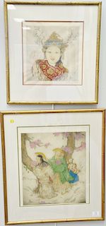 Pair of Elyse Ashe Lord (1900-1971), etching hand colored in watercolor, "Princess" and two Geisha by blossoming three, plate sizes ...