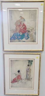 Pair of Elyse Ashe Lord (1900-1971), etching hand colored in watercolor, "The Garden that Fades not in Autumn" and "Conversation", b...