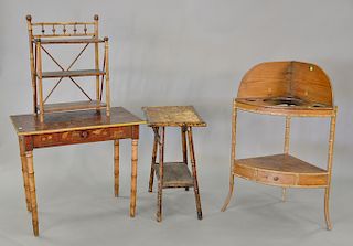 Four piece bamboo and faux bamboo lot to include two tables (1 with chinoiserie top), a corner stand (ht. 42 1/2 in.), and a shelf (...
