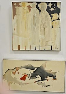 Six framed pieces to include Gregory Hawthorne (20th century, mixed media masonite, Standing Figures, signed lower right Hawthorne; ...