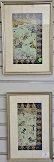 Pair of illuminated Persian manuscripts, one with hunt scene (sight size 10" x 6") and the other with battle scene (sight size 10" x...
