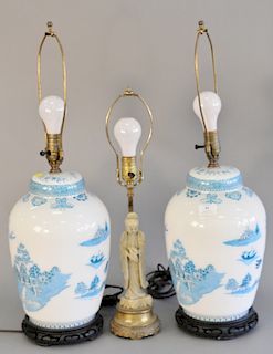 Eight Various lamps including Chinese soapstone, cut glass, blackamoor, pair of glass urn style, etc. ht. 17 in. to 27 in.