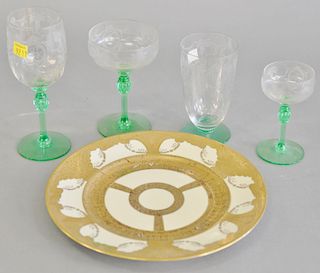 Group of porcelain and etched glass stemware to include a set of six Hutschenreuther Selb Bavaria gold rim plates, thirteen etched g...