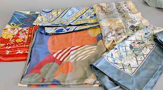 Group of six silk scarves including Frank Lloyd Wright silk scarf from The Museum of Modern Art, Jesurum Scarf, World Wildlife Fund,...