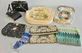 Six evening bags to include Spritzer Fuhrmann, beaded silk, Victorian beaded bag, two silk embroidered purses, and an Artbag Creatio...