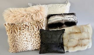 Group of throw pillows to include three Dennis Basso fur pillows, chinchilla fur pillow (as is), and beaded pillow (as is). 16" x 24