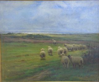 Carleton Wiggins (1848-1932), oil on canvas, sheep in pasture glimpse of the sea, signed and dated lower right Carlton Wiggins 1930,...