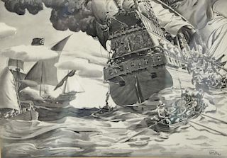 Edward Arthur Wilson (1886-1970), watercolor on paper, Taking over the Battleship, signed lower right Edw A. Wilson, sight size 12 1...