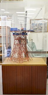 Model oil rig in acrylic and wood case, marked Gable Krepper Models 1825 Harrison Beaumont Texas. ht. 89 1/2 in., rig ht. 56 in., ov...