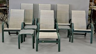 Ten piece lot to include a set of six outdoor patio chairs with mesh seats along with footstool and three small end tables.