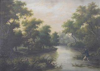 19th Century Landscape, 
oil on canvas, 
Duck Hunt on River with Dog, 
unsigned 
16" x 22" 
Provenance: Estate from Park Avenue, Man...