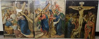 Set of three large religious oil on canvas mounted on panels, 18th/19th century including two with Jesus carrying the cross and one ...