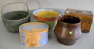 Five piece lot to include painted basket, wallpaper box, metal lift top box, painted tole wash basin, and barrel form planter. ht. 6...