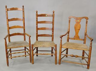 Six piece lot to include Queen Anne great chair, two ladder back chairs, and three 1-drawer stands. tallest chair: 50 1/2 in.