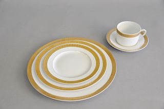 Bernardaud Limoges "Rhapsody" porcelain dinnerware with gold rim, 54 total pieces to include 10 dinner, 10 saucers, 10 dessert, 10 s...
