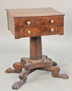 Federal mahogany two drawer work table with paw foot base, circa 1840. ht. 29 1/2 in., top: 17" x 20 1/2".