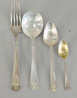 Sterling silver flatware set to include 12 dinner forks, 11 soup spoons, 10 teaspoons, 12 demi spoons, and 12 dinner knives. 48.2 tr...