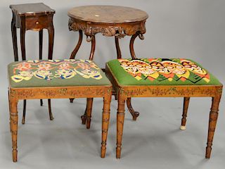 Four piece lot to include a pair of Edwardian style stools with slip seats and paint decorated flowers (1 stool with small veneer mi...
