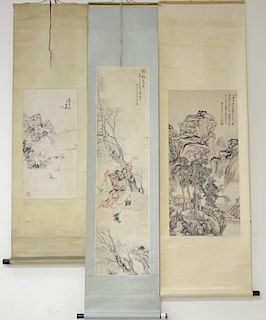 Three Oriental scrolls including mountainous landscape, man dancing, and mountainous landscape with boats. image sizes 26" x 13" to ...