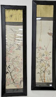 Three silk tapestries with embroidered wild flowers and birds. image size 43" x 12"