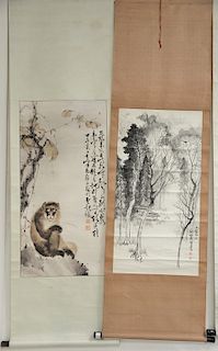 Two Oriental scrolls watercolors on paper including black and white landscape (image size 37 1/2" x 19") and a painted monkey (image...