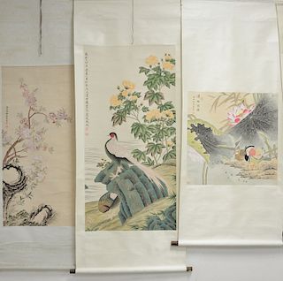 Three Oriental scrolls watercolors on paper including ducks by a pond, phoenix bird standing on a rock, and a flowering tree. image ...