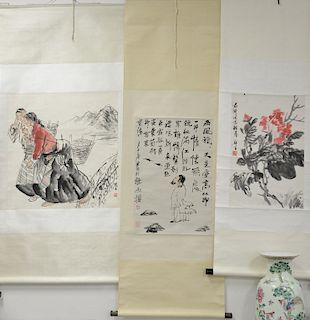 Four Oriental scrolls to include two girls with baskets, wild red flower, seated woman, and a standing figure. image sizes 26" x 17"...