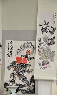 Two Oriental scrolls having blossoming flowers and fruit. image sizes 38" x 11" and 34" x 20"