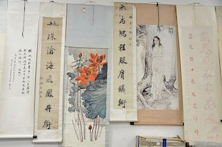 Six Oriental scrolls, four watercolor on paper with character marks, a printed nude, and a landscape. image sizes 27" x 12 1/2" to 7...