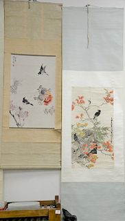 Two Oriental scrolls having blossoming flowers and birds. image size 29" x 17 1/2" and 32 1/2" x 17"