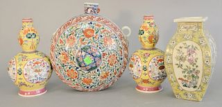 Four piece Chinese porcelain group to include moon flask vase (as is), pair of double gourd peach vases with yellow ground, ht. 9 1/...