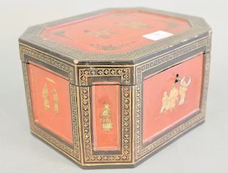 Chinese lacquered tea caddy having lacquered panels with painted figures. ht. 6 in., top: 8 3/4" x 10 3/4"  Provenance: Estate fro...