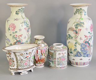 Group of porcelain to include a large pair of phoenix bird porcelain vases with enameled flowers and birds and four famille rose pie...