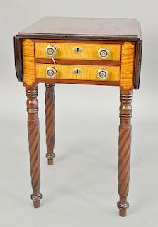 Sheraton mahogany drop leaf two drawer stand with tiger maple drawer fronts, circa 1830. ht. 26 in., top open: 16 3/4" x 30"